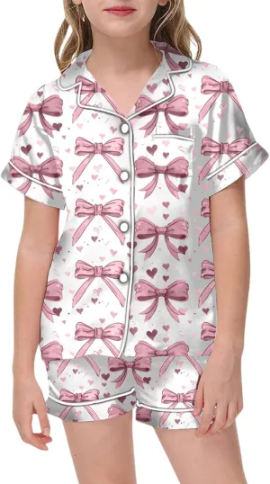 Pink Bow Silk Satin Pajamas Sets Cute Bow Pjs 2 Piece Button Down Short Sleeve Lapel Shirt And Shorts Loungewear Sets