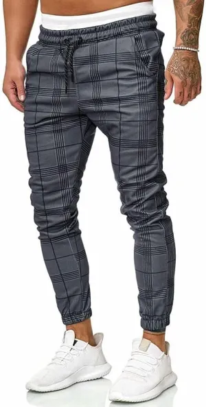 Plaid Pants for Men Casual Slim Fit Fashion Business Chinos Pants Elastic Waist Drawstring Skinny Taper Track Sweatpants