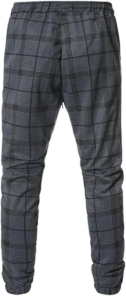 Plaid Pants for Men Casual Slim Fit Fashion Business Chinos Pants Elastic Waist Drawstring Skinny Taper Track Sweatpants