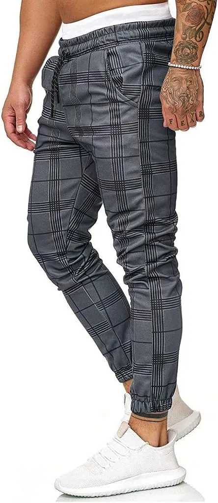 Plaid Pants for Men Casual Slim Fit Fashion Business Chinos Pants Elastic Waist Drawstring Skinny Taper Track Sweatpants
