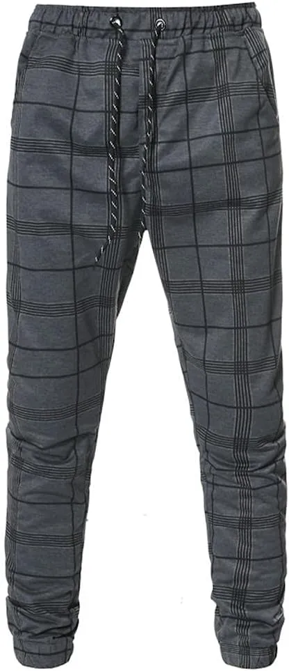 Plaid Pants for Men Casual Slim Fit Fashion Business Chinos Pants Elastic Waist Drawstring Skinny Taper Track Sweatpants