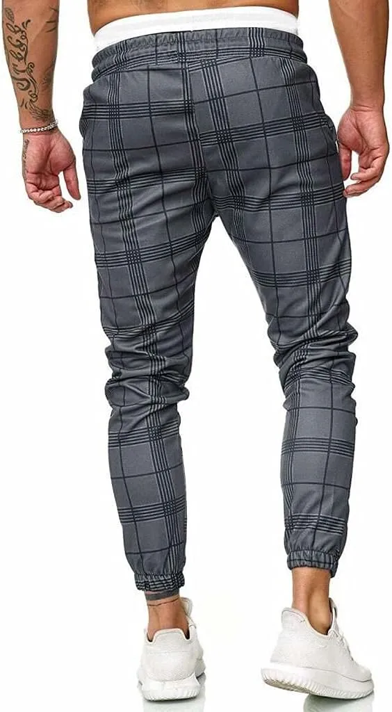 Plaid Pants for Men Casual Slim Fit Fashion Business Chinos Pants Elastic Waist Drawstring Skinny Taper Track Sweatpants