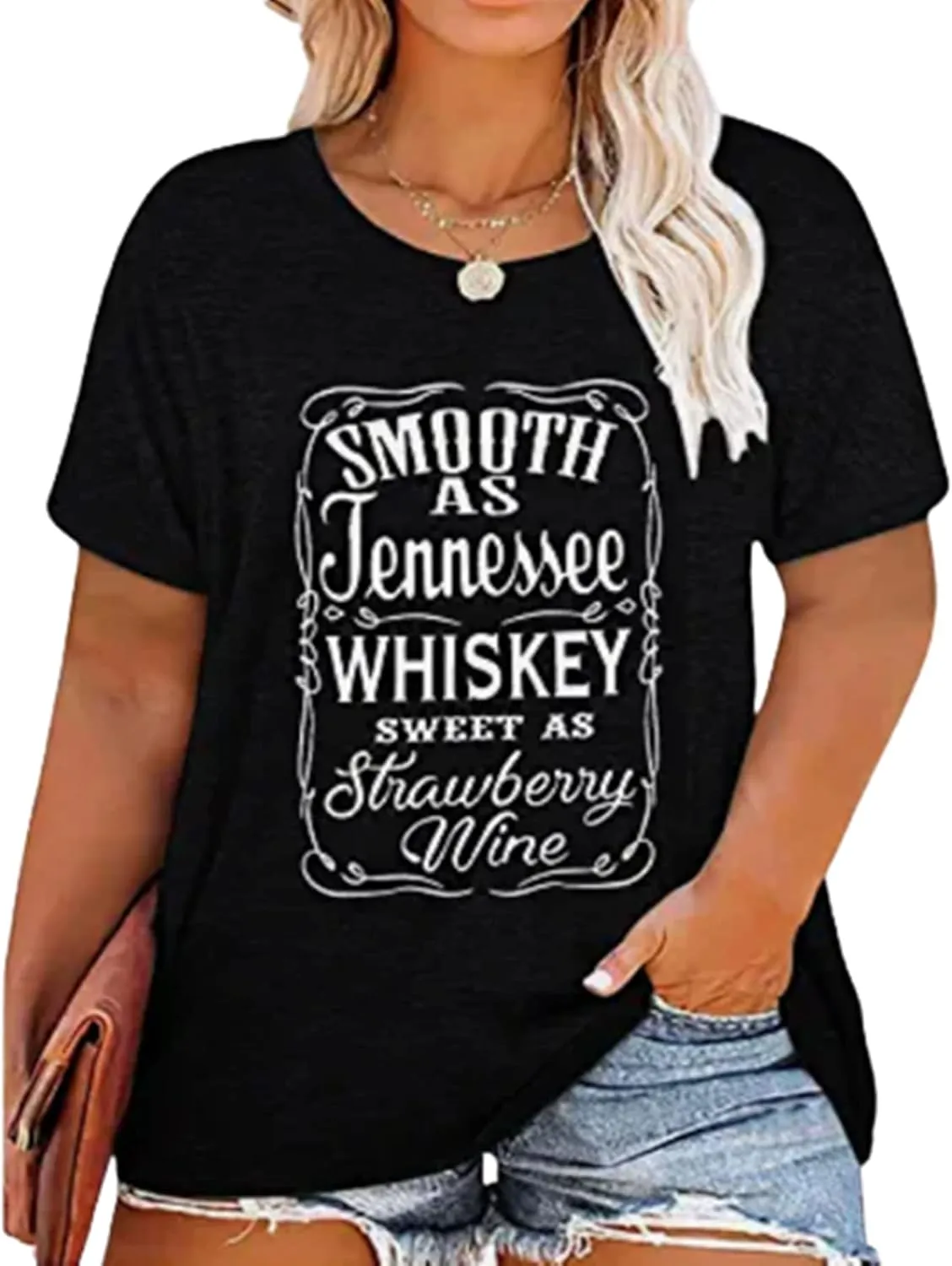 Plus Size Smooth As Tennessee Whiskey Sweet As Strawberry Wine Shirt Womens V-Neck T Shirts Country Music Short Sleeve Tees