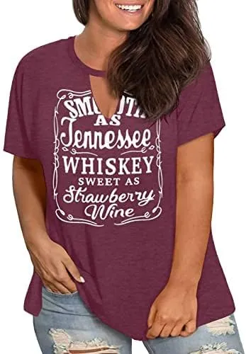 Plus Size Smooth As Tennessee Whiskey Sweet As Strawberry Wine Shirt Womens V-Neck T Shirts Country Music Short Sleeve Tees
