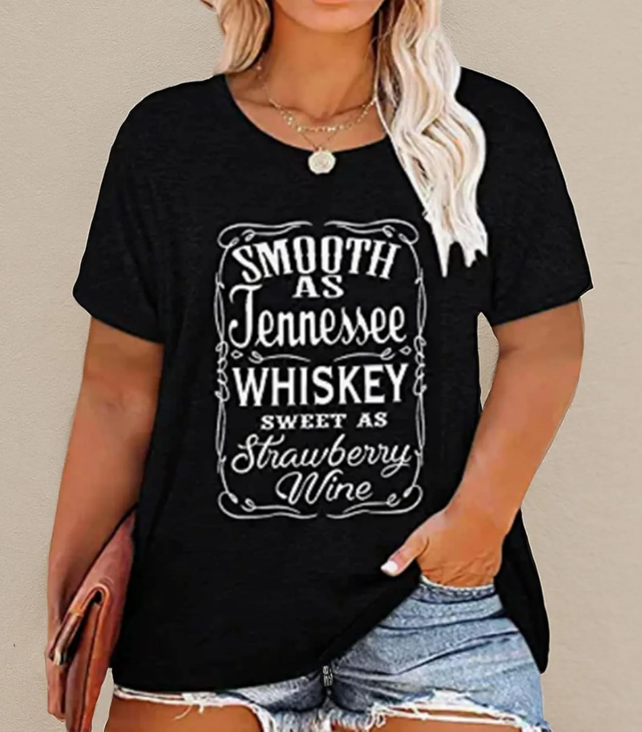 Plus Size Smooth As Tennessee Whiskey Sweet As Strawberry Wine Shirt Womens V-Neck T Shirts Country Music Short Sleeve Tees