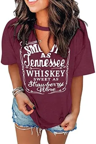 Plus Size Smooth As Tennessee Whiskey Sweet As Strawberry Wine Shirt Womens V-Neck T Shirts Country Music Short Sleeve Tees