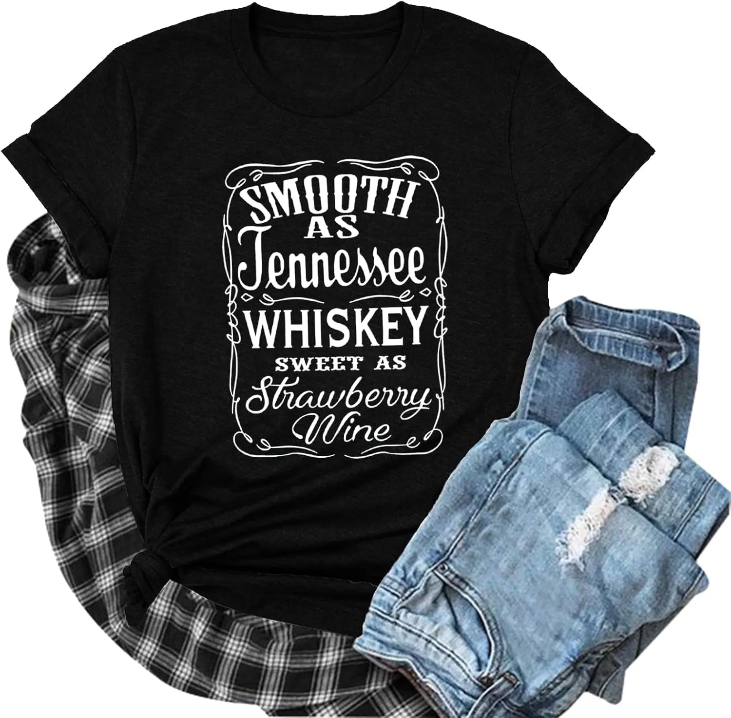 Plus Size Smooth As Tennessee Whiskey Sweet As Strawberry Wine Shirt Womens V-Neck T Shirts Country Music Short Sleeve Tees