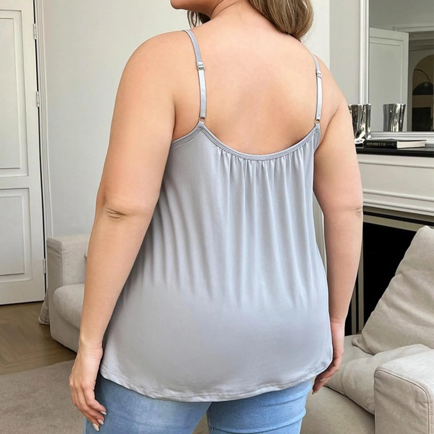 Plus Size Tank Tops for Women Built in Bra Front Pleated Flowy Tank Tops U Neck Curved Hem Summer Casual Sleeveless