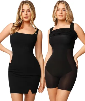 Popilush Shapewear Dress Mini Slit Built in Shapewear Bra 8 in 1 Square Neck Bodycon Summer Dress for Women 2024
