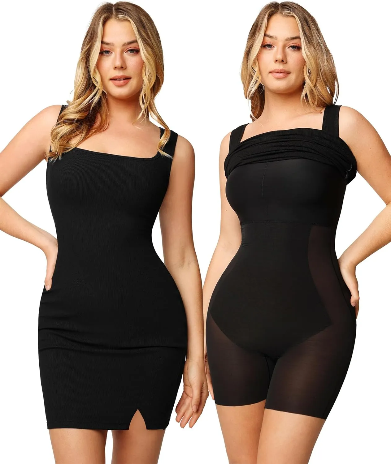 Popilush Shapewear Dress Mini Slit Built in Shapewear Bra 8 in 1 Square Neck Bodycon Summer Dress for Women 2024