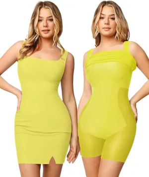 Popilush Shapewear Dress Mini Slit Built in Shapewear Bra 8 in 1 Square Neck Bodycon Summer Dress for Women 2024