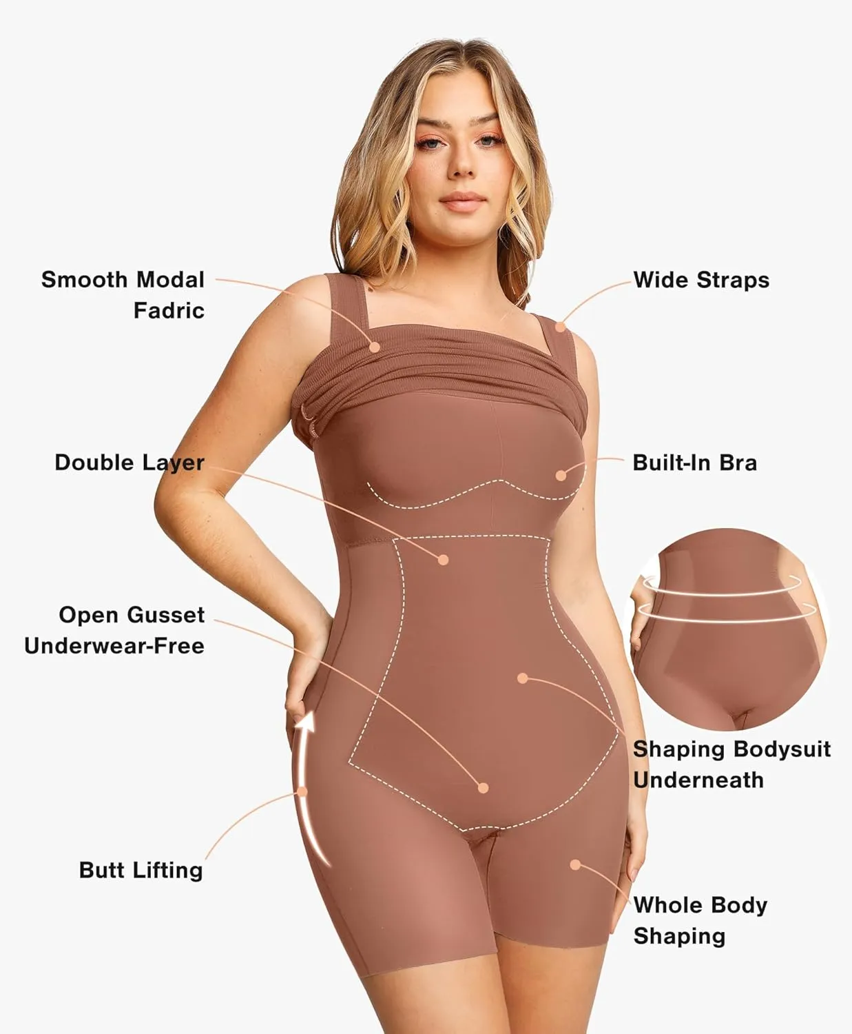 Popilush Shapewear Dress Mini Slit Built in Shapewear Bra 8 in 1 Square Neck Bodycon Summer Dress for Women 2024