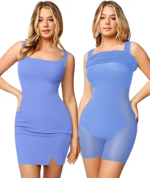 Popilush Shapewear Dress Mini Slit Built in Shapewear Bra 8 in 1 Square Neck Bodycon Summer Dress for Women 2024