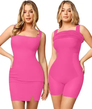 Popilush Shapewear Dress Mini Slit Built in Shapewear Bra 8 in 1 Square Neck Bodycon Summer Dress for Women 2024