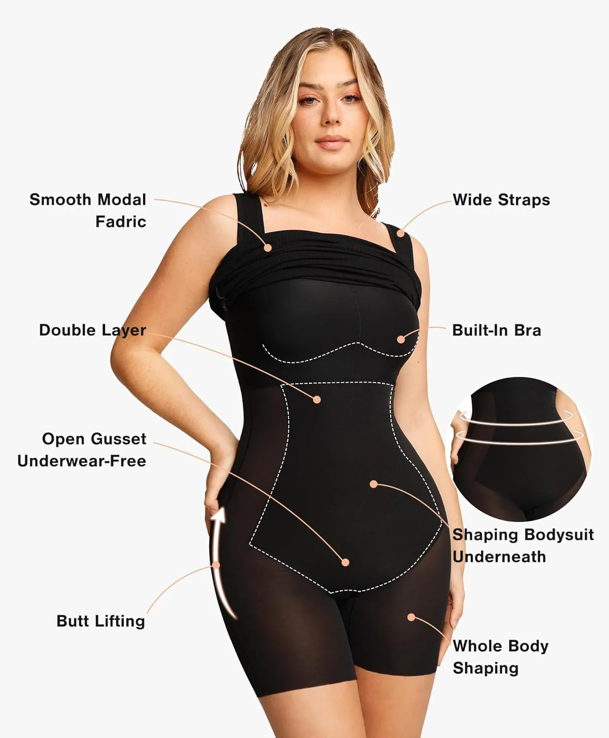 Popilush Shapewear Dress Mini Slit Built in Shapewear Bra 8 in 1 Square Neck Bodycon Summer Dress for Women 2024