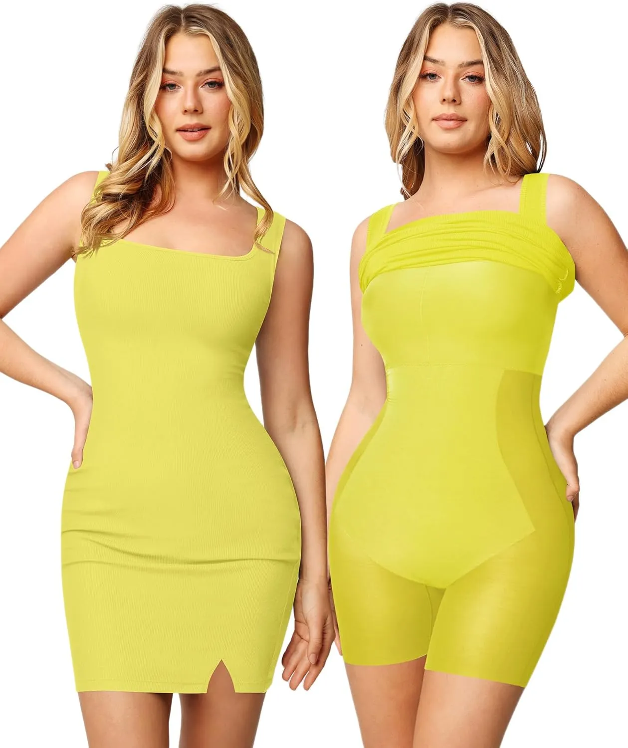Popilush Shapewear Dress Mini Slit Built in Shapewear Bra 8 in 1 Square Neck Bodycon Summer Dress for Women 2024