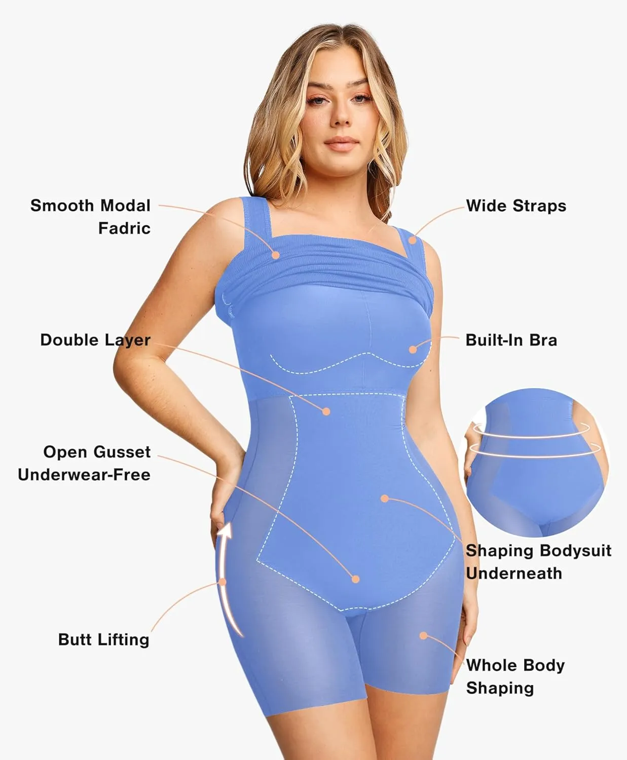 Popilush Shapewear Dress Mini Slit Built in Shapewear Bra 8 in 1 Square Neck Bodycon Summer Dress for Women 2024