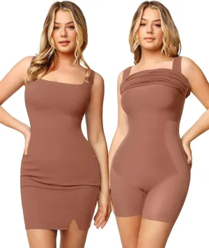 Popilush Shapewear Dress Mini Slit Built in Shapewear Bra 8 in 1 Square Neck Bodycon Summer Dress for Women 2024