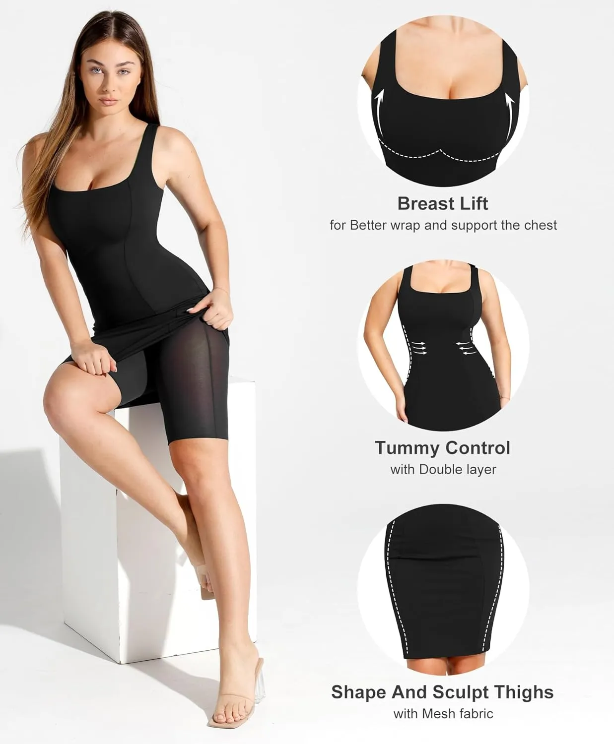 Popilush Shapewear Dress Workwear Built in Shapewear Dress Square Neck Sleeveless Dress 3D HIPS Offer