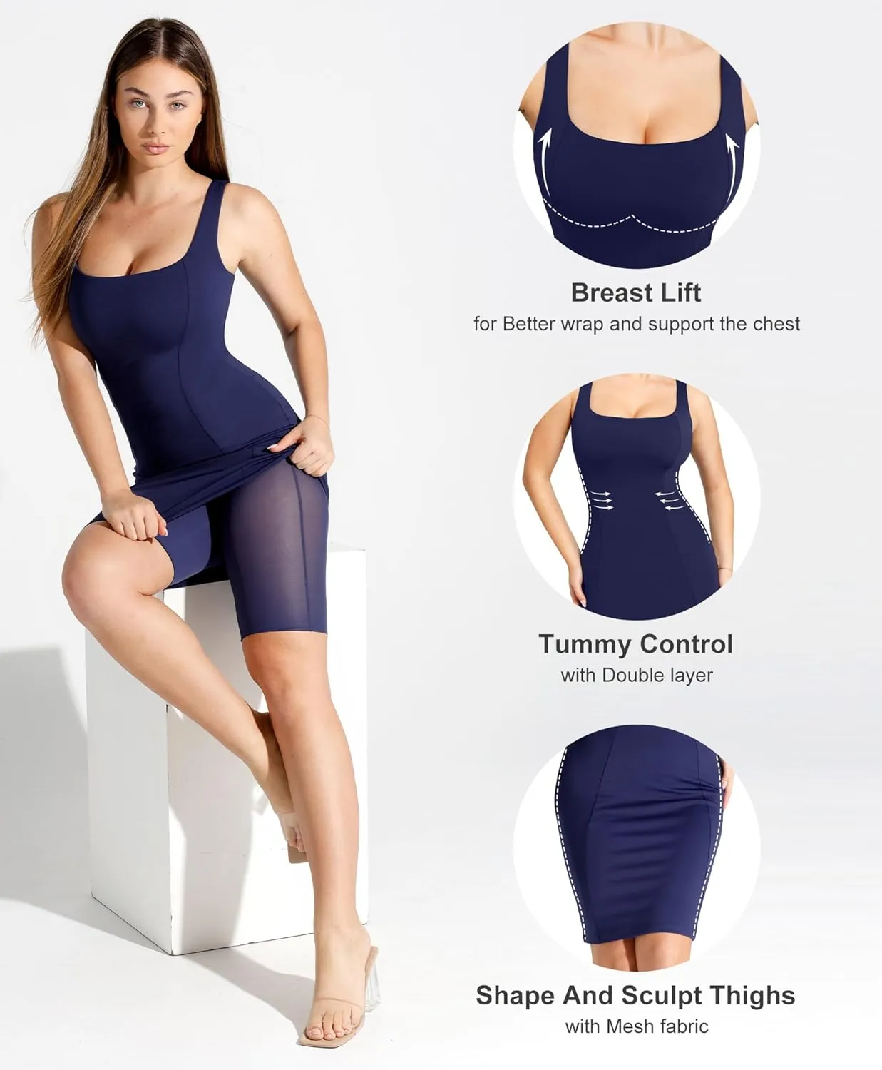 Popilush Shapewear Dress Workwear Built in Shapewear Dress Square Neck Sleeveless Dress 3D HIPS Offer
