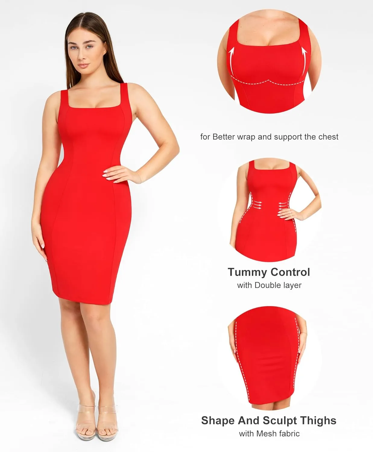Popilush Shapewear Dress Workwear Built in Shapewear Dress Square Neck Sleeveless Dress 3D HIPS Offer