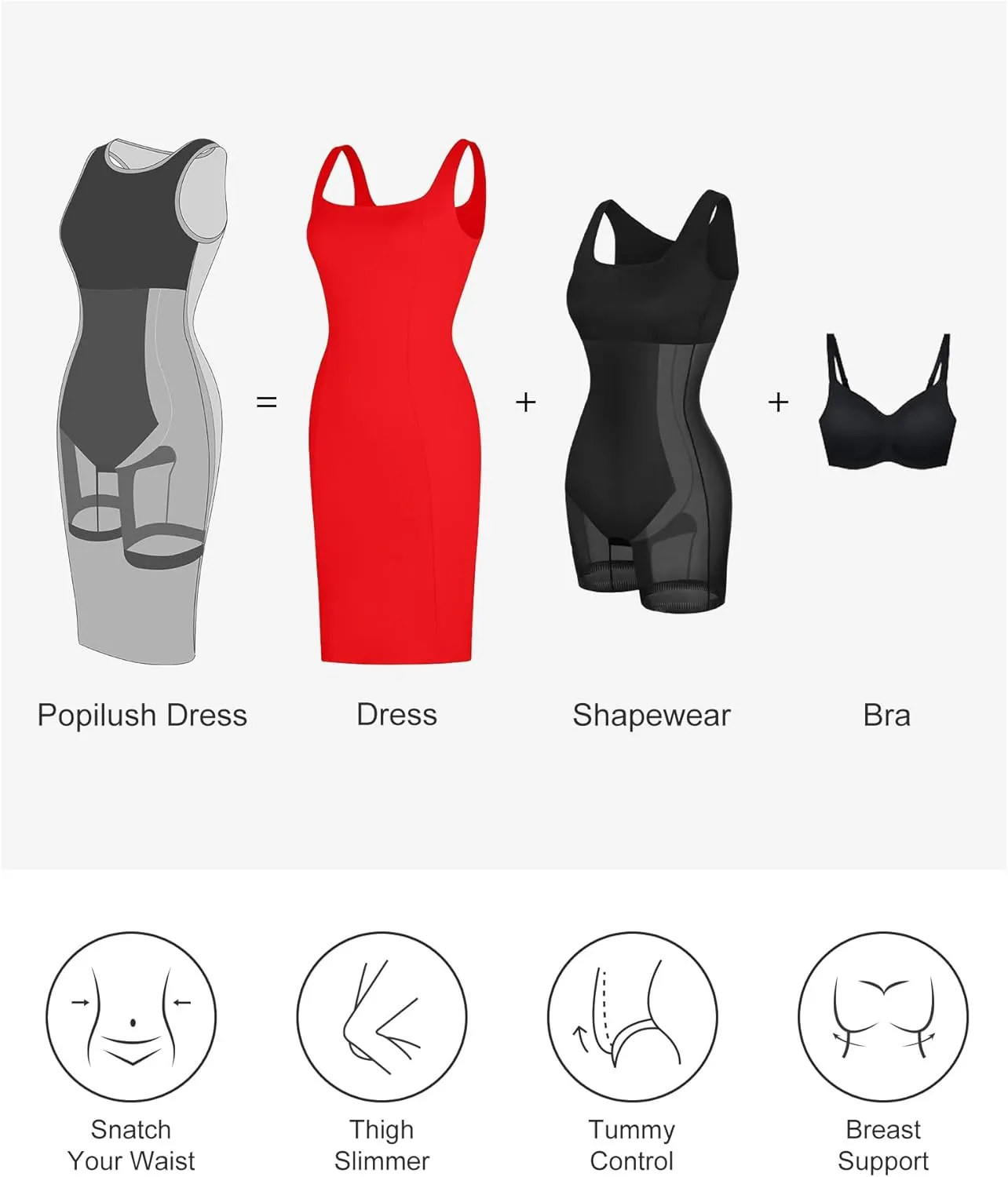 Popilush Shapewear Dress Workwear Built in Shapewear Dress Square Neck Sleeveless Dress 3D HIPS Offer