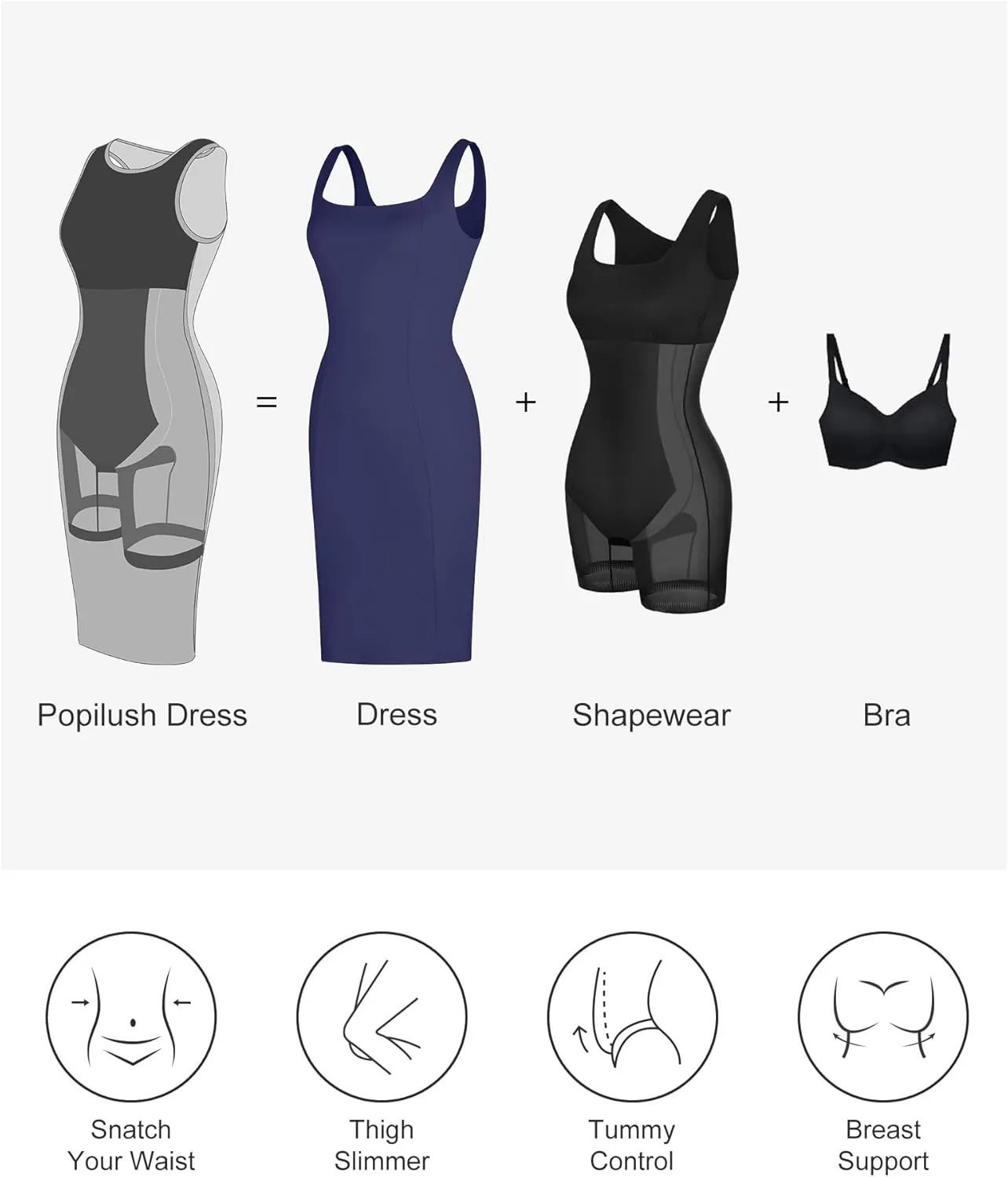 Popilush Shapewear Dress Workwear Built in Shapewear Dress Square Neck Sleeveless Dress 3D HIPS Offer
