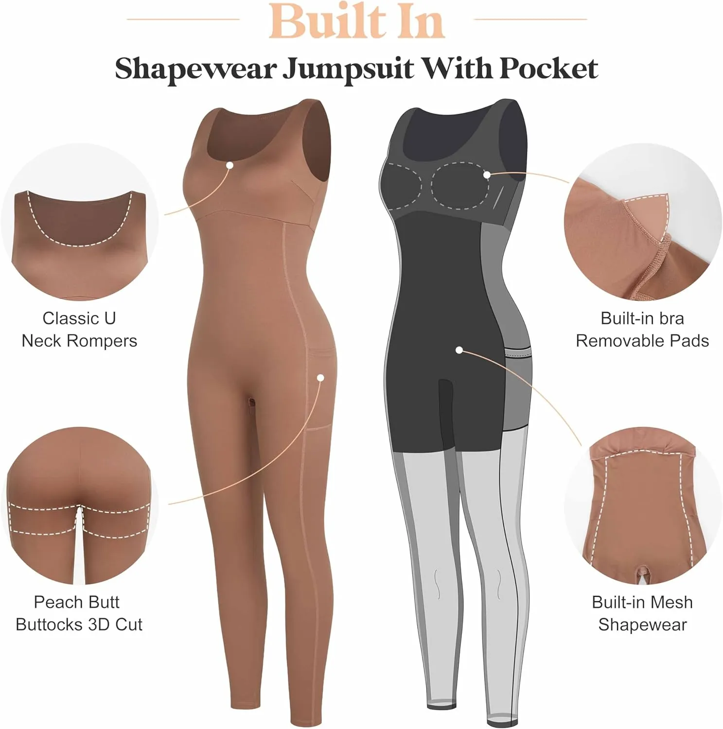 Popilush Shapewear Workout Jumpsuit for Women - Built In Shapewear Square Neck Romper with Pocket Bodysuit for Women