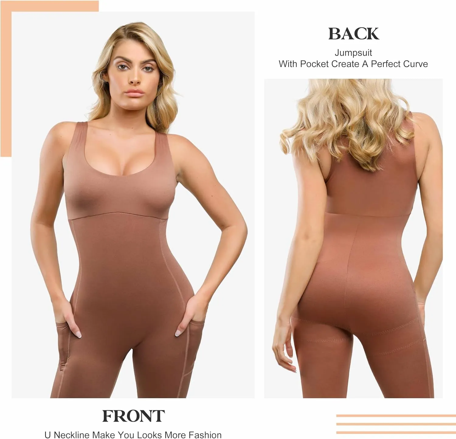 Popilush Shapewear Workout Jumpsuit for Women - Built In Shapewear Square Neck Romper with Pocket Bodysuit for Women