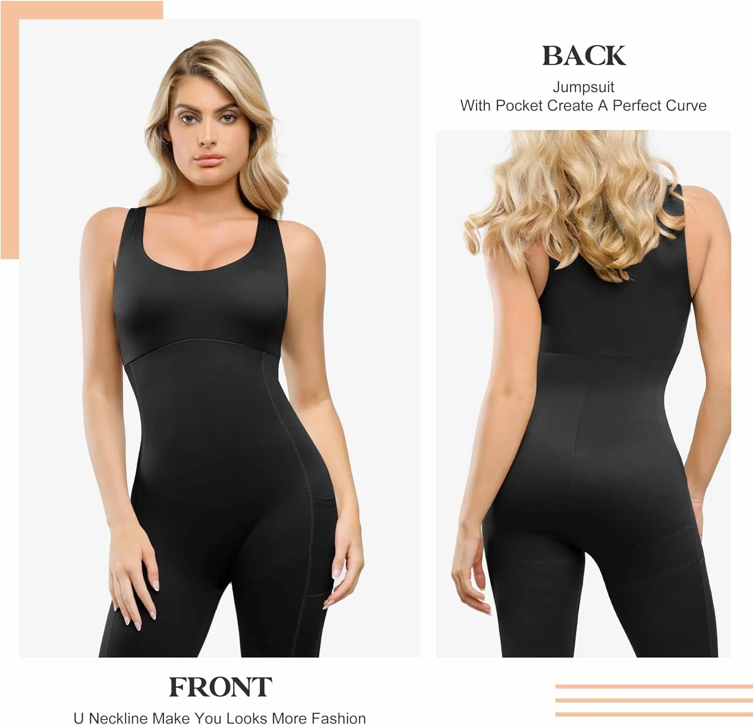 Popilush Shapewear Workout Jumpsuit for Women - Built In Shapewear Square Neck Romper with Pocket Bodysuit for Women