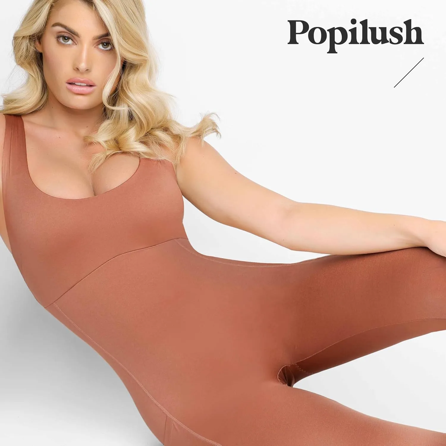 Popilush Shapewear Workout Jumpsuit for Women - Built In Shapewear Square Neck Romper with Pocket Bodysuit for Women