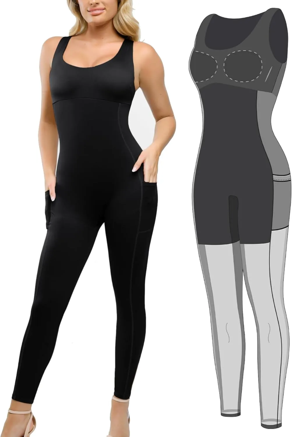 Popilush Shapewear Workout Jumpsuit for Women - Built In Shapewear Square Neck Romper with Pocket Bodysuit for Women
