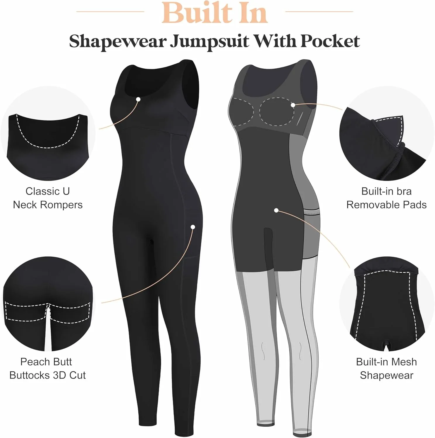 Popilush Shapewear Workout Jumpsuit for Women - Built In Shapewear Square Neck Romper with Pocket Bodysuit for Women