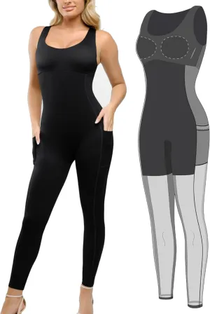 Popilush Shapewear Workout Jumpsuit for Women - Built In Shapewear Square Neck Romper with Pocket Bodysuit for Women