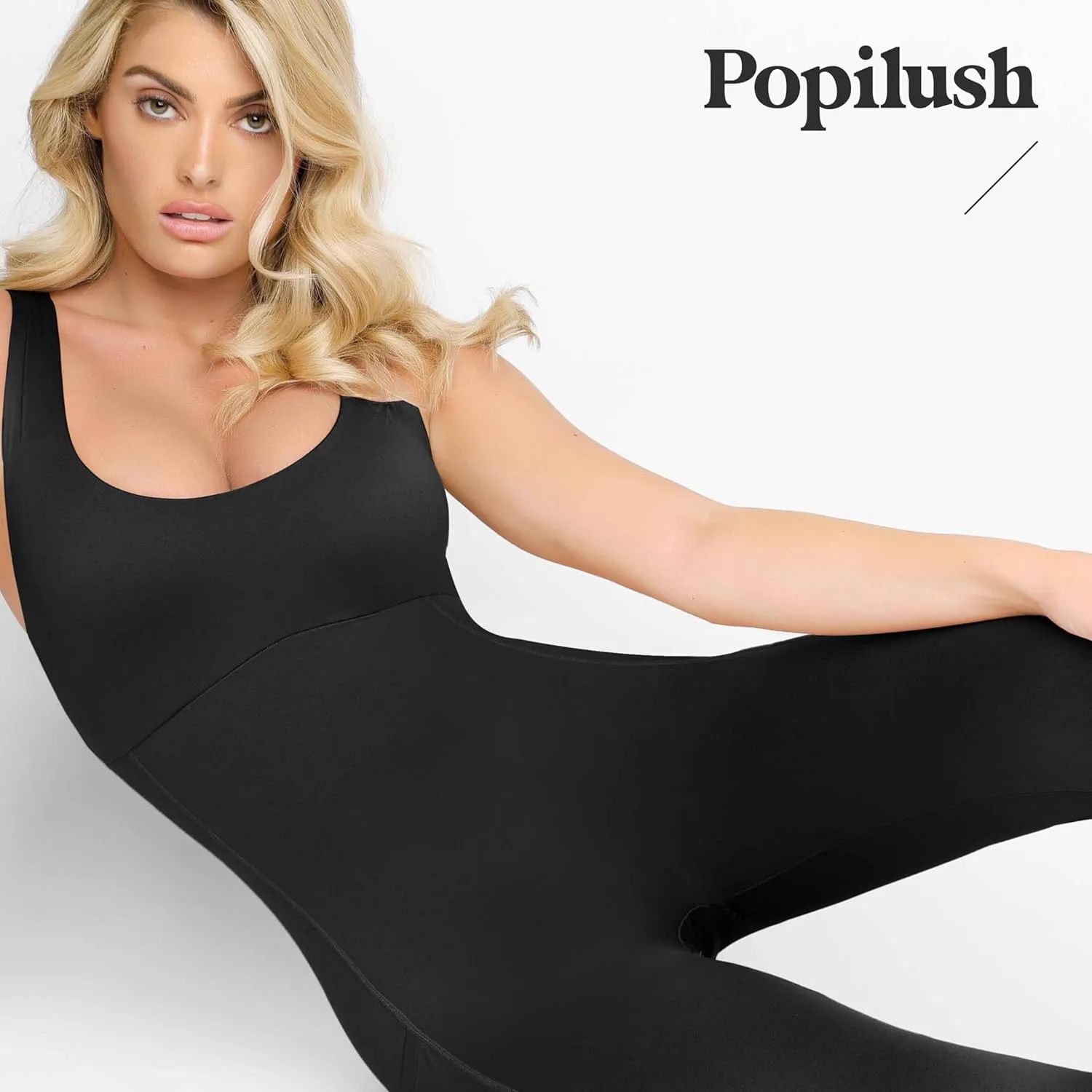 Popilush Shapewear Workout Jumpsuit for Women - Built In Shapewear Square Neck Romper with Pocket Bodysuit for Women