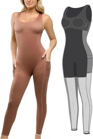 Popilush Shapewear Workout Jumpsuit for Women - Built In Shapewear Square Neck Romper with Pocket Bodysuit for Women
