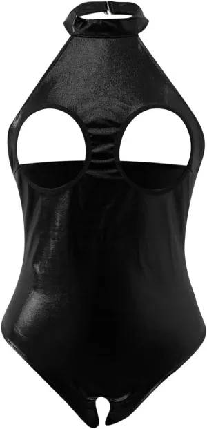 Pu Leather Lingerie Black Snap Crotch Bodysuit One Piece Leotard Halter Body Suit Top Valentines Day Lingerie Negligee