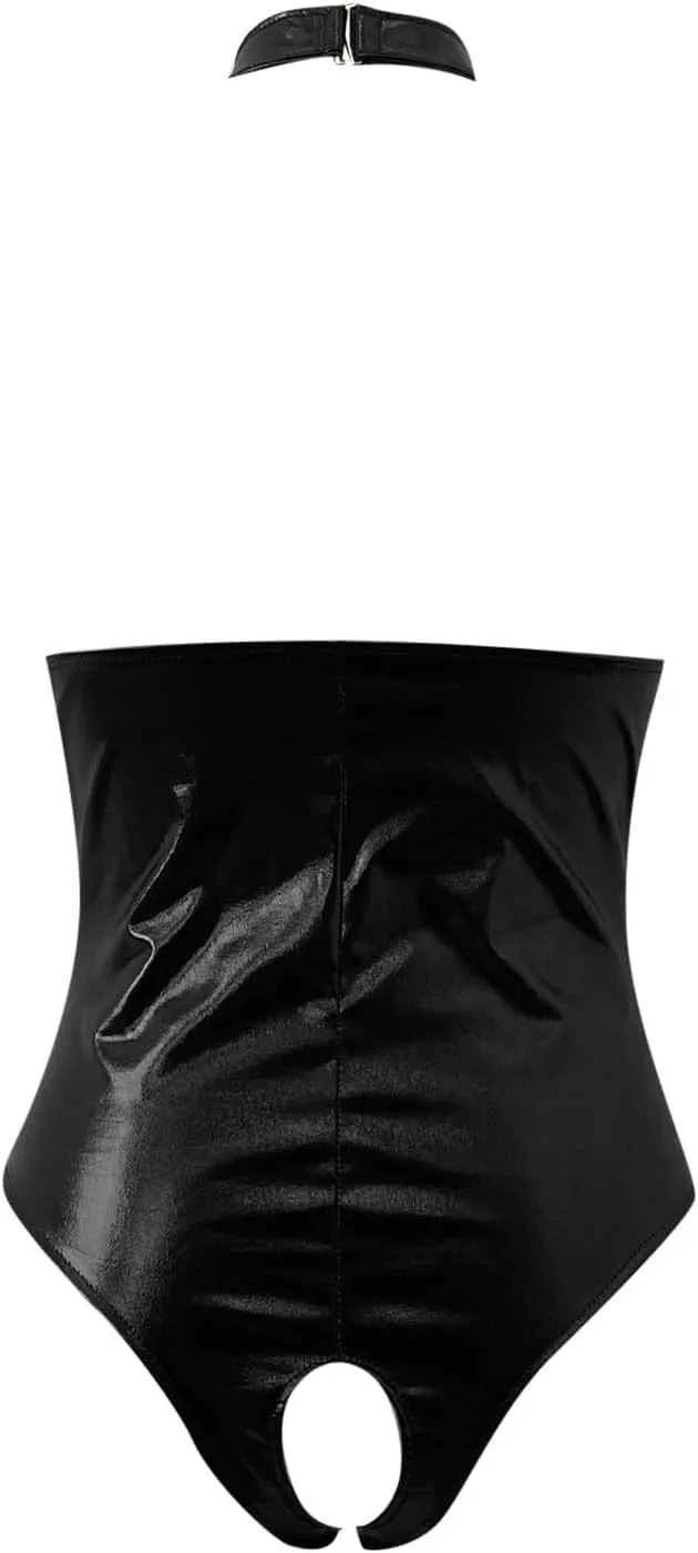 Pu Leather Lingerie Black Snap Crotch Bodysuit One Piece Leotard Halter Body Suit Top Valentines Day Lingerie Negligee