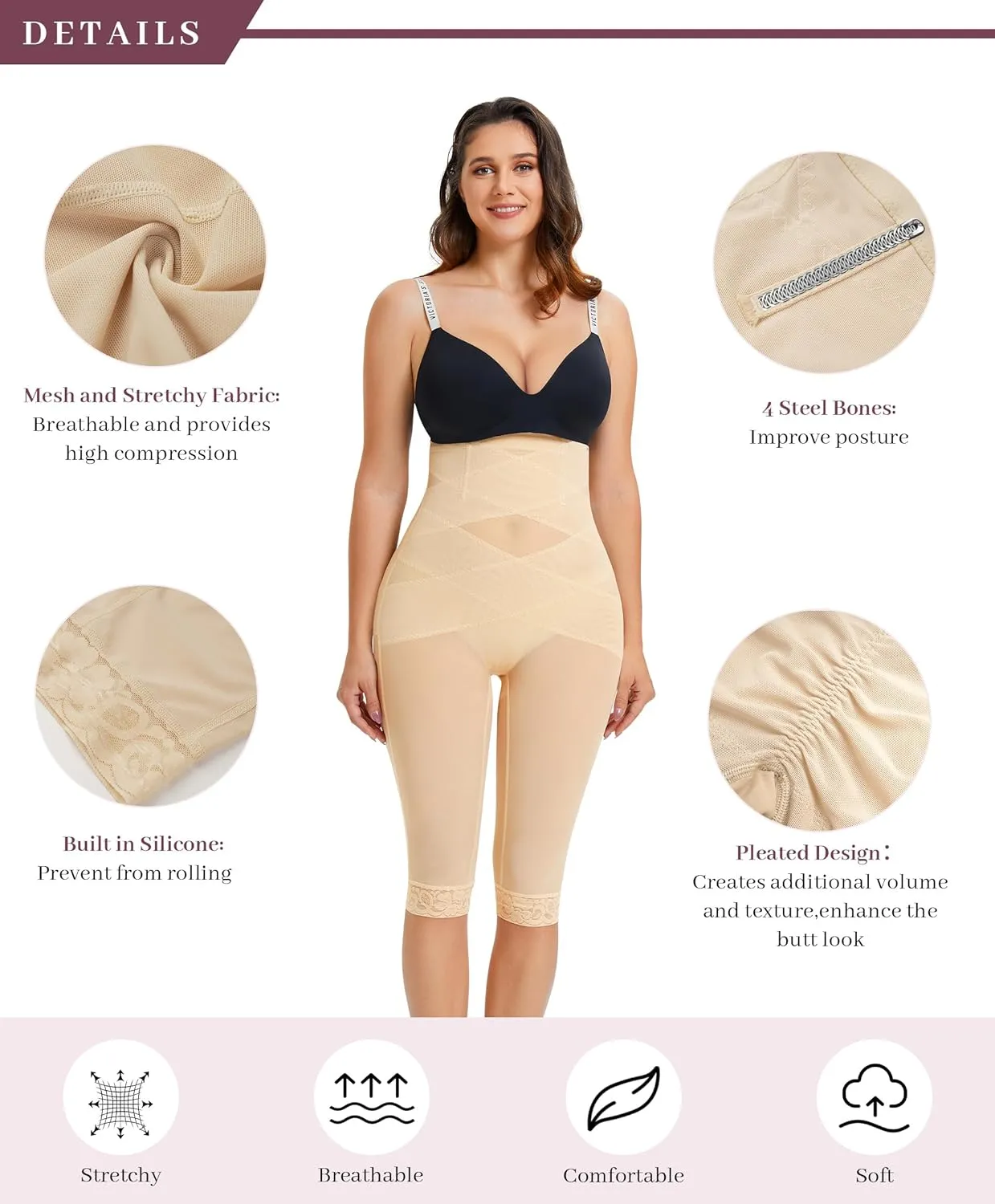 RDSIANE High Waist Shapewear Tummy Control Criss-Cross Body Shaper For Women Capri Butt Lifting Shapewear
