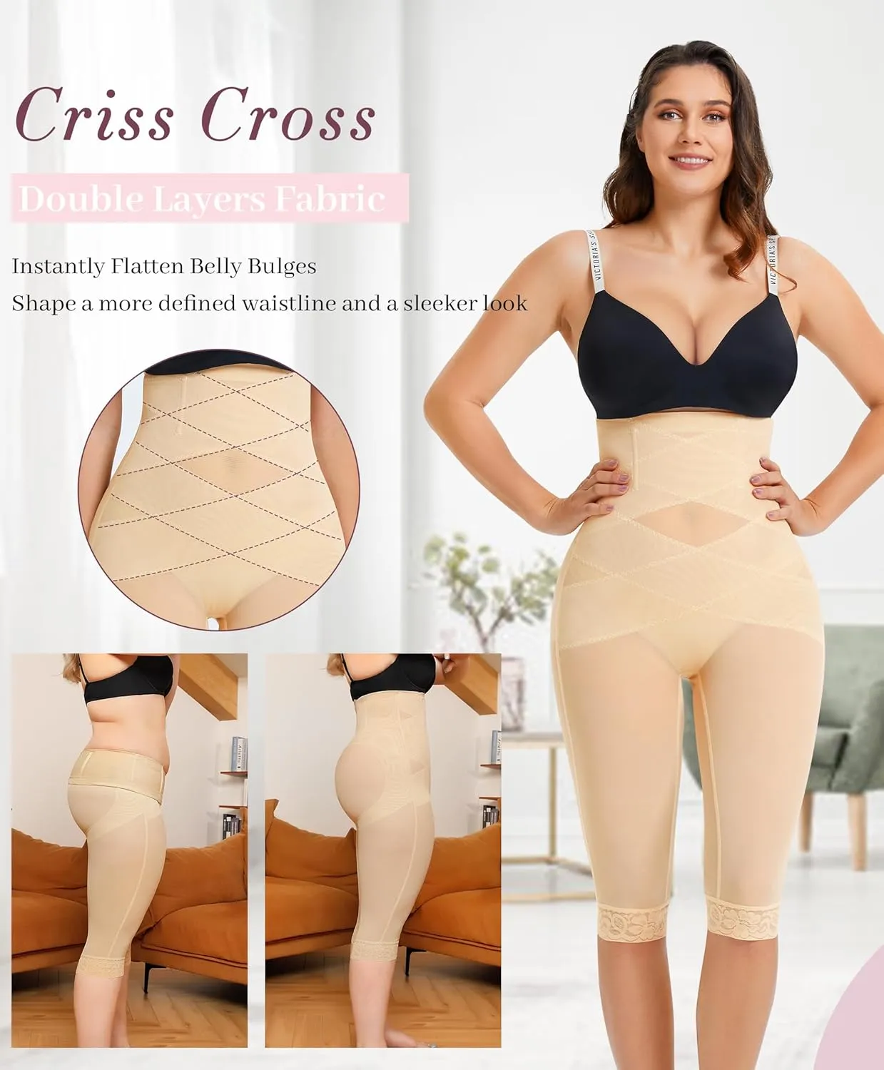 RDSIANE High Waist Shapewear Tummy Control Criss-Cross Body Shaper For Women Capri Butt Lifting Shapewear