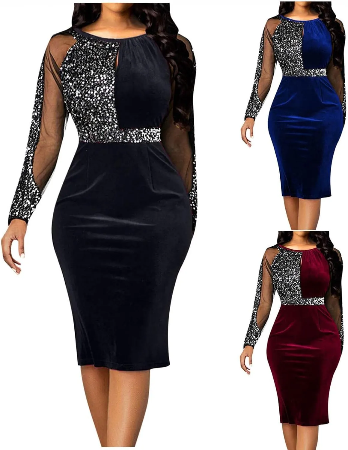 RKSTN Mid-Length Slim Bodycon Dress Sexy Mesh Bag Hip Plus Size Dress Long Sleeves Spring Dresses Prom Cocktail Sequin Dress