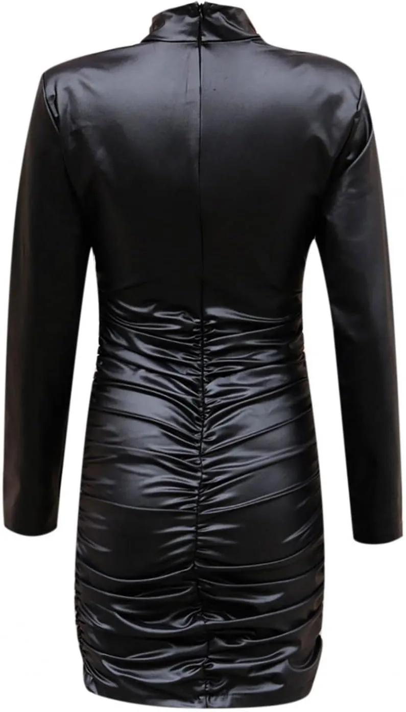 Ruched Sexy Bodycon Dress Solid Color Long Sleeve Dresses Spring Leather Cocktail Dress Formal Casual Slim Mini Dress