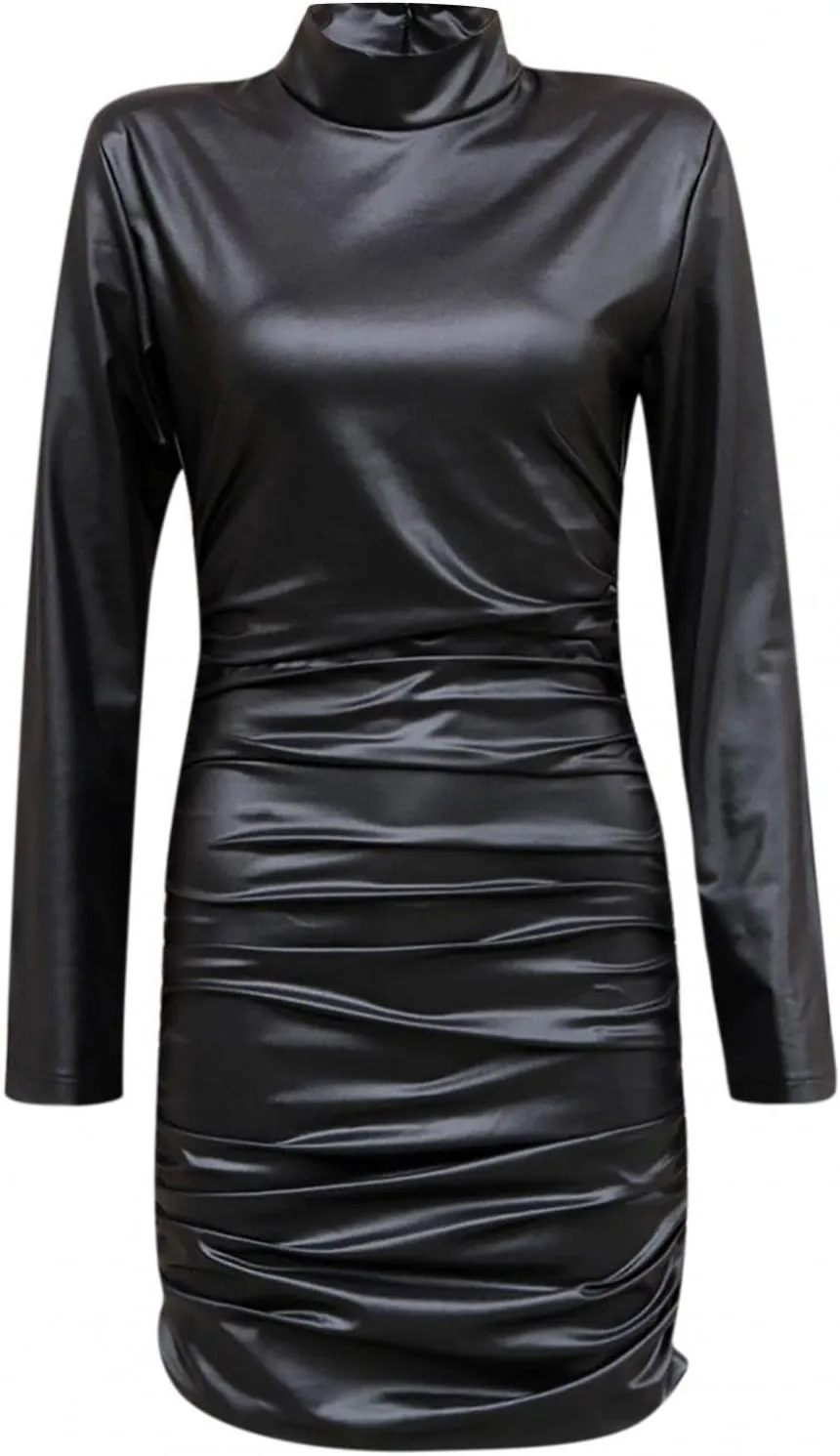 Ruched Sexy Bodycon Dress Solid Color Long Sleeve Dresses Spring Leather Cocktail Dress Formal Casual Slim Mini Dress
