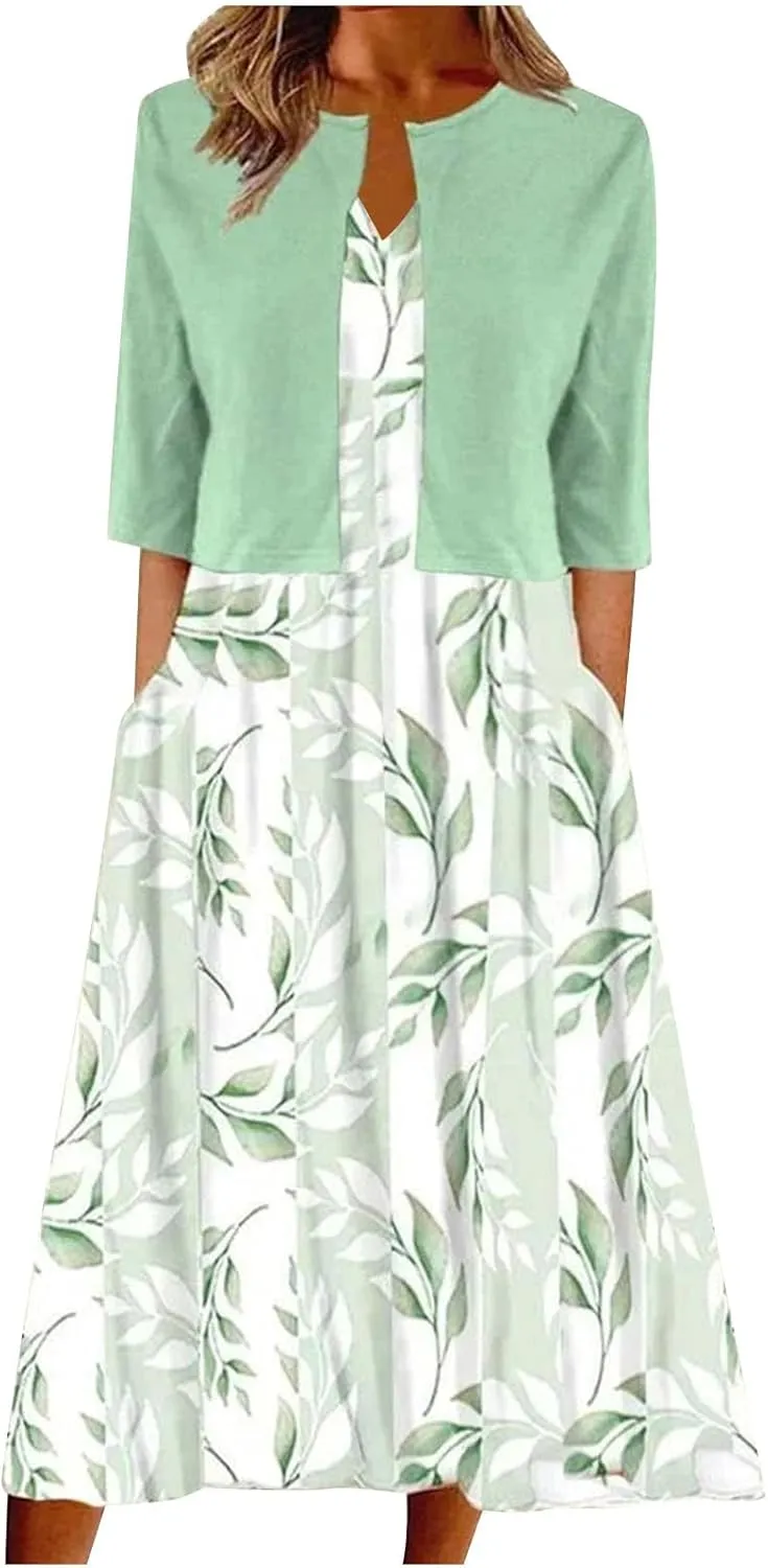 Ruziyoog Women's Two Piece Outfits Sleeveless Floral Print Long Dress with Cardigan Loose Casual Crewneck Flowy Maxi Dress