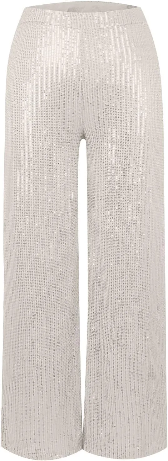 Sequin Pants Women Fashion High Waist Pant Sparkly Wide Leg Trousers Elastic Loose Side Zipper Shiny Pants