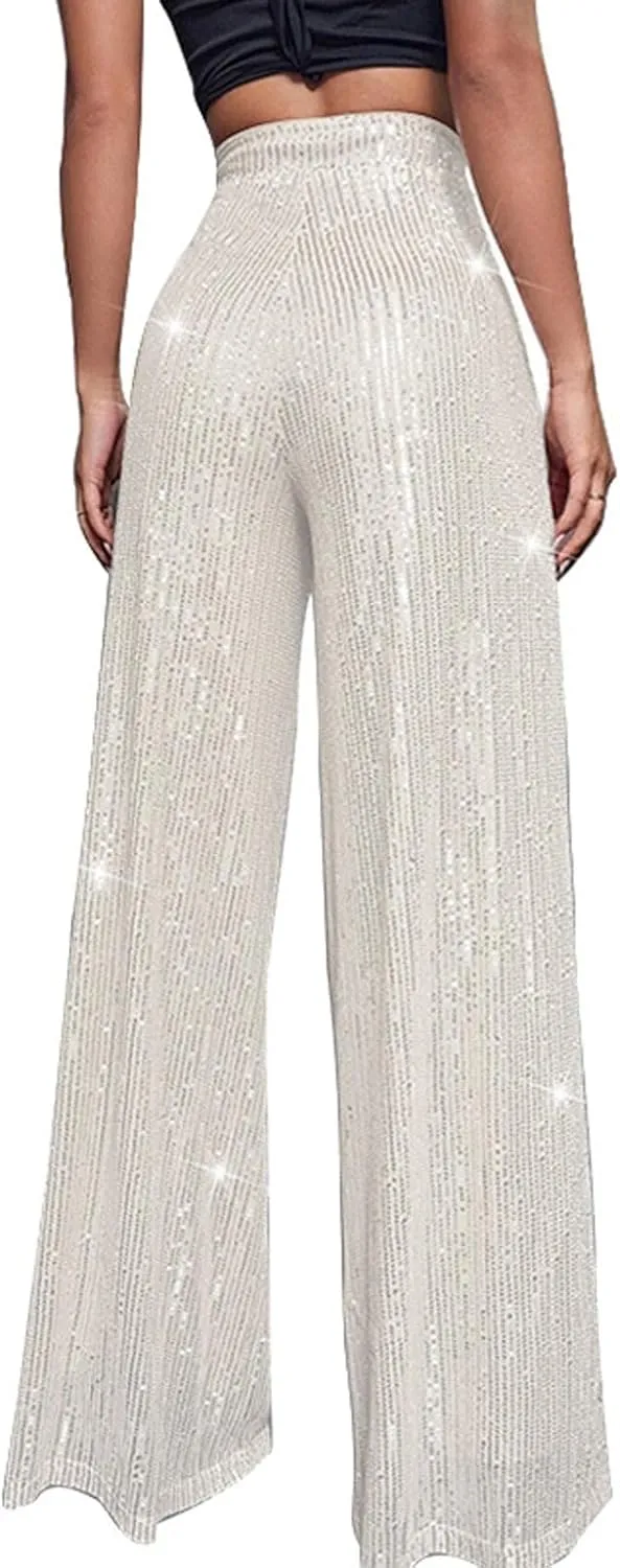 Sequin Pants Women Fashion High Waist Pant Sparkly Wide Leg Trousers Elastic Loose Side Zipper Shiny Pants