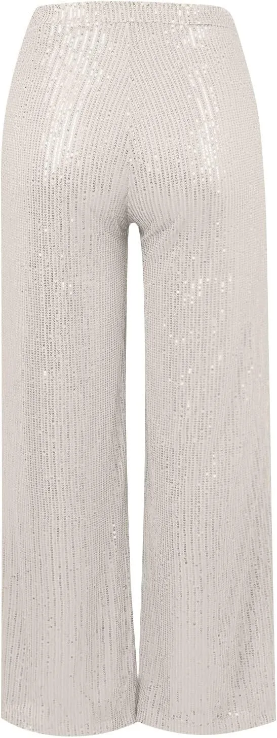 Sequin Pants Women Fashion High Waist Pant Sparkly Wide Leg Trousers Elastic Loose Side Zipper Shiny Pants