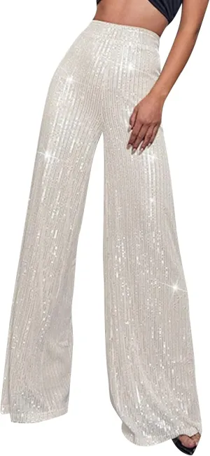 Sequin Pants Women Fashion High Waist Pant Sparkly Wide Leg Trousers Elastic Loose Side Zipper Shiny Pants