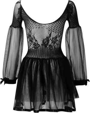 Sexy Fishnet Bodysuit for Women One Piece Off Shoulder Mini Dress Sheer Mesh Lace Lingerie Long Sleeve Ruffled Skirt