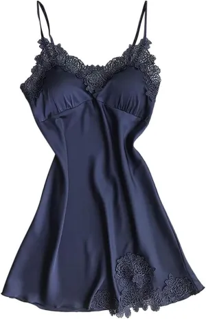 Sexy Satin Lace Lingerie for Women Spaghetti Strap Chemise Dress Bra with Padded Nightwear Deep V Neck Nightgown